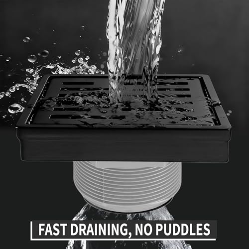Square Shower Drain 4 inch, Matte Black 304 Stainless Steel Floor Drain for Bathroom, Removable Tile Insert Grate Includes Hair Strainer - color: Matte Black