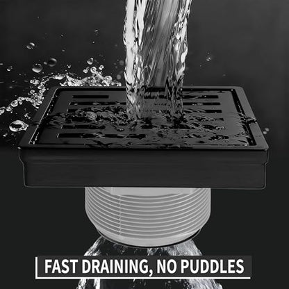 Square Shower Drain 4 inch, Matte Black 304 Stainless Steel Floor Drain for Bathroom, Removable Tile Insert Grate Includes Hair Strainer - color: Matte Black