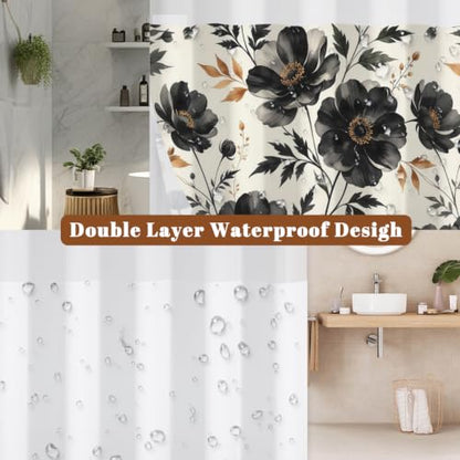 Black Floral Shower Curtain with Snap in Liner & Tassels, 71W x 77L | No Hook Needed, Double Layer Waterproof Fabric with Mesh Top, Dark Botanical Flower Design for Modern & Farmhouse Bathroom - color: Black Floral