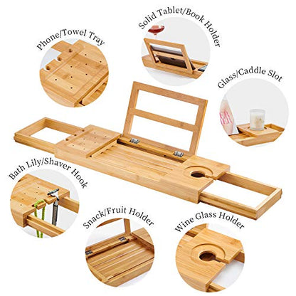 Utoplike Bamboo Bathtub Caddy Tray for Tub, Expandable Bath Table | Adjustable Bathroom Organizer, with Book Tablet Stand, Wine Glass Cup, Towel Holder - color: 19.8-33.5 in