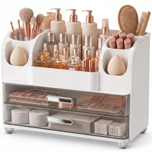 Large Makeup Organizer Countertop for Vanity Skincare Organizers | Bathroom Organizers and Storage with Brushes Holders, Waterproof Cosmetic Organizer for Perfumes Lipsticks Nail Polish, White - color: White