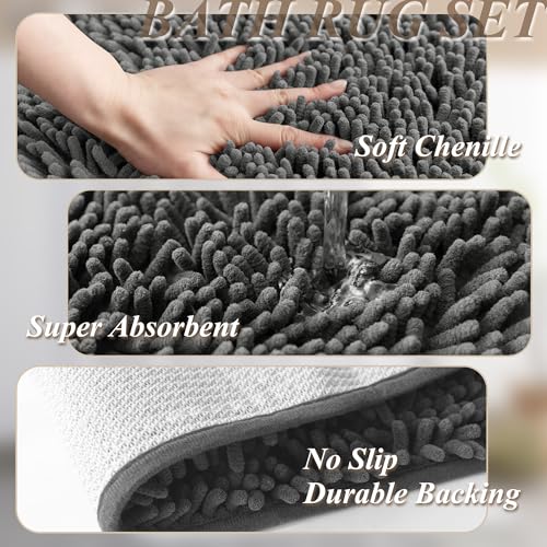 Barossa Design 3 Pcs 71x74 No Hook Shower Curtain Set with Rugs Grey | Mesh Window Top, 17Wx24L plus 19Wx29L Chenille Non-Slip Bath Mat, Snap-in Liner - color: Grey