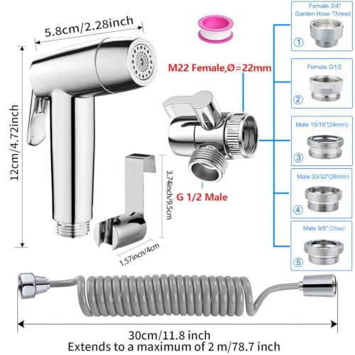Handheld Bidet Sprayer Toilet,Kitchen Bathroom Douche Cloth Washing Diaper Cleaning Shower Head with 59 inches Telescopic Hose and G1/2, 55/64", 15/16" Faucet Adapters, Hair Washing, Dog Shower
