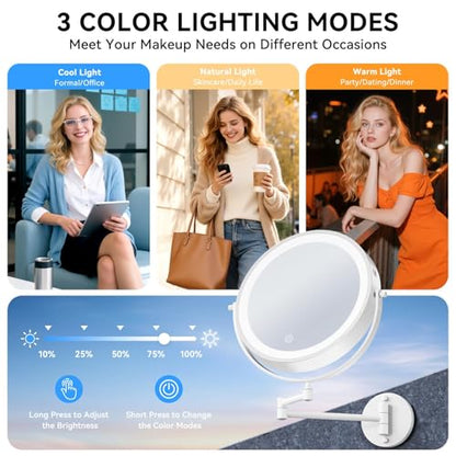 Auxmir 9″ 5000mAh 1X/30X Wall Mounted Lighted Magnifying Makeup Mirror | Power Adapter&2 Tweezers Included/ 3 Dimmable Colors/ Dual Sided Button Control/ Rechargeable/ 360° Rotation Extended Arm - color: 9'' 30x-white+adapter