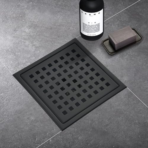 6 Inch Square Shower Drain with Flange,Matte Black，Quadrato Pattern Grate Removable,Food-Grade SUS 304 Stainless Steel，with Hair Strainer - color: 6-inch Matte Black