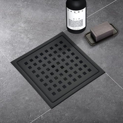 6 Inch Square Shower Drain with Flange,Matte Black，Quadrato Pattern Grate Removable,Food-Grade SUS 304 Stainless Steel，with Hair Strainer - color: 6-inch Matte Black
