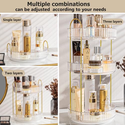 360° Rotating Makeup Organizer, 3 Tier Large Bathroom Makeup Organizers for Vanity, Clear Large Capacity Cosmetic Holder Perfume Storage Shelf