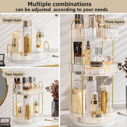 360° Rotating Makeup Organizer, 3 Tier Large Bathroom Makeup Organizers for Vanity, Clear Large Capacity Cosmetic Holder Perfume Storage Shelf
