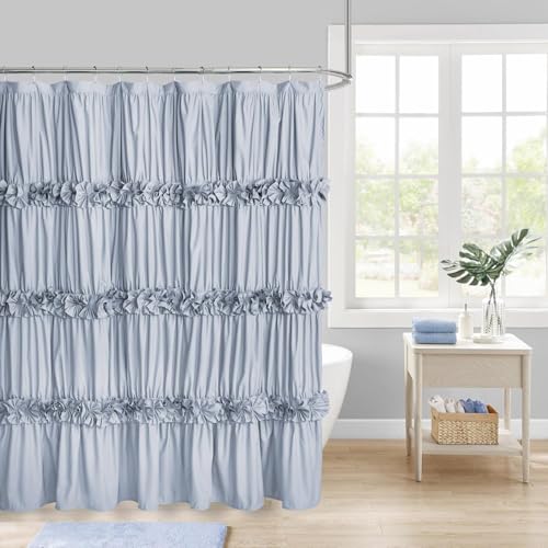 Homechoice Decor Fog Blue Ruffle Shower Curtain 72“ W x 84” H | Vintage Handcrafted Bow Tie Bath Curtain for Master Bathroom, Ruched Microfiber Bathroom Curtain with 12 Buttonholes (LQ-10) - color: Fog Blue, size: 72"W x 84"L (Pack of 1)