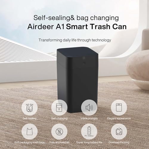Airdeer Automatic Trash Can, 4 Gallon Self Sealing and Self-Changing Smart Trash Can Motion Sensor, Touchless Garbage can with lid for Kitchen Bathroom Bedroom, 6 Refill Rings(A1, Black)