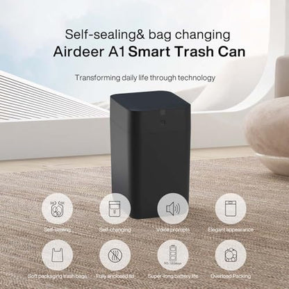 Airdeer Automatic Trash Can, 4 Gallon Self Sealing and Self-Changing Smart Trash Can Motion Sensor, Touchless Garbage can with lid for Kitchen Bathroom Bedroom, 6 Refill Rings(A1, Black)
