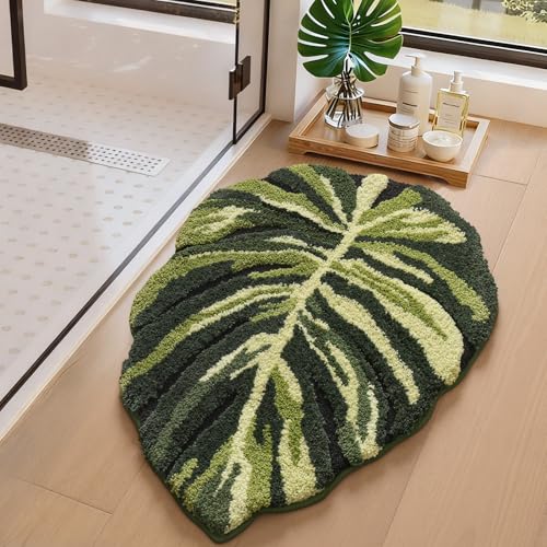 LUMI Cute Bathroom Rug Green Leaf, Absorbent Non Slip Bath Mat, 24"x32" | Dark Monstera Plant, Soft Plush Microfiber, Quick Dry, Washable for Shower Floor, Sink Bathtub, Bedroom, Kids Room - color: Dark Monstera