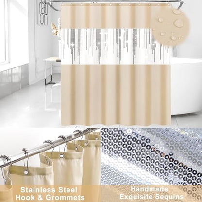 Beige Bathroom Accessories Set with Sequin Shower Curtain Beige Bathroom Decor with Trash Can,Toothbrush Holder, Toothbrush Cup,Soap Dispenser, Tray, Soap Dish,Toilet Brush - size: Bath Set+Shower Curtain+Towel Set, style: Beige