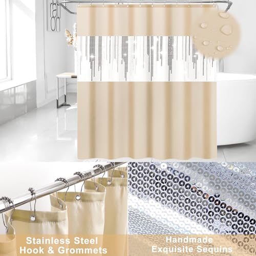 Beige Bathroom Accessories Set with Sequin Shower Curtain Beige Bathroom Decor with Trash Can,Toothbrush Holder, Toothbrush Cup,Soap Dispenser, Tray, Soap Dish,Toilet Brush - size: Bath Set+Shower Curtain+Towel Set, style: Beige