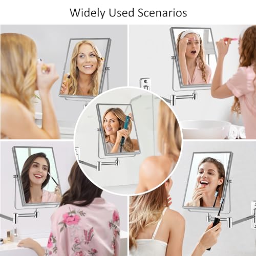 QiMH 3X Magnifying Wall Mounted Vanity Makeup Mirror | Rectangular 8x6 Inch with Extendable Arm | Polished Chrome Finish Double-Sided Swivel Mirror