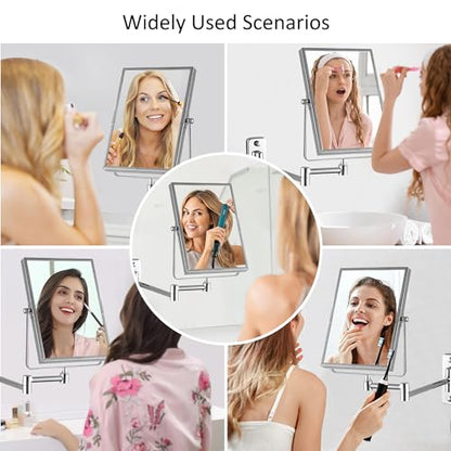 QiMH 3X Magnifying Wall Mounted Vanity Makeup Mirror | Rectangular 8x6 Inch with Extendable Arm | Polished Chrome Finish Double-Sided Swivel Mirror