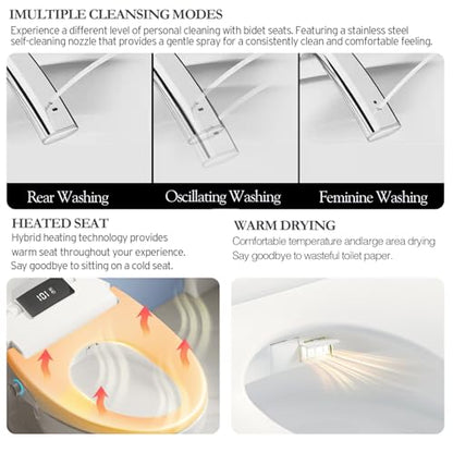 XCQQ Electric Heated Bidet Toilet Seat with Remote, Elongated, X60L | Instant Warm Water, Heated Seat, Warm Air Drying, Slow Close Lid, LED Display, Nightlight