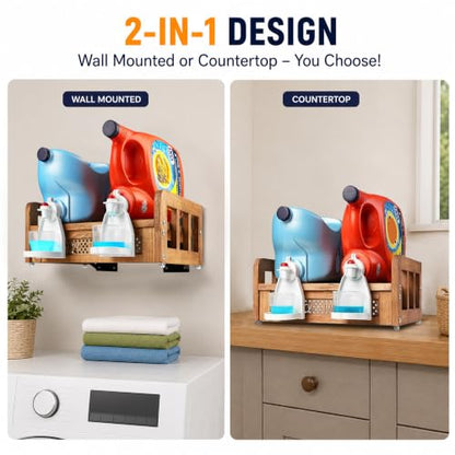 Wooden Wall Mount Laundry Detergent Holder, Nut Brown | Farmhouse Wooden Organizer, Holds 2 Detergent or Softener Bottles, Laundry Room Storage - color: Nut Brown