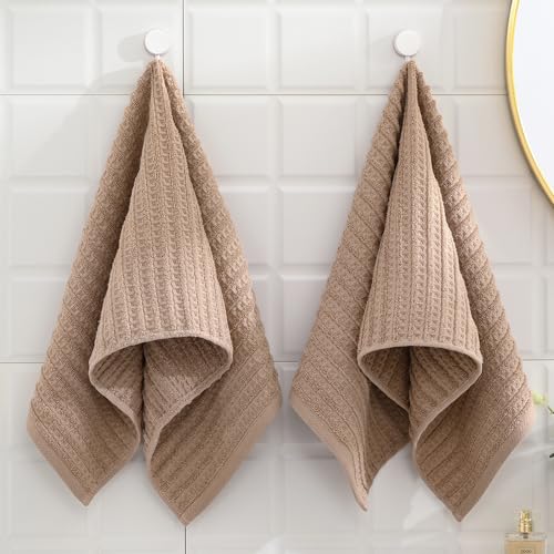 sense gnosis Brown Hand Towel Set of 2 Waffle with Terry Striped Pattern 100% Cotton Ultra Soft Absorbent Towels for Bathroom Kitchen Home 13 x 29 Inch - color: Brown