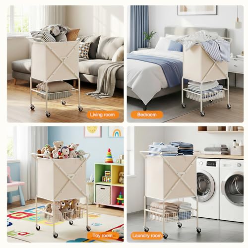 Laundry Basket with Wheels:88L Rolling Laundry Cart Foldable Metal Frame Dirty Clothes Laundry Hamper 36"H 4 Caster 2 Brake Waterproof Removable Liner Carry Handle for Dorm Laundry Room,Cream - color: Cream