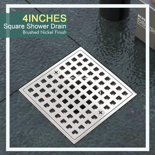 4 Inch Square Shower Floor Drain with Flange and Hair Strainer | SUS304 Stainless Steel, Anti-Clog, Brushed Nickel Shower Drain with Hair Catcher, Removable Grid Drain Cover, For Bathroom - color: Brushed Nickel