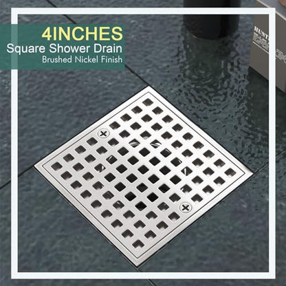 4 Inch Square Shower Floor Drain with Flange and Hair Strainer | SUS304 Stainless Steel, Anti-Clog, Brushed Nickel Shower Drain with Hair Catcher, Removable Grid Drain Cover, For Bathroom - color: Brushed Nickel