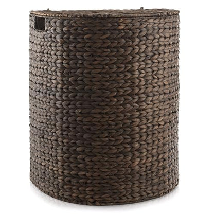 Casafield Half Moon Laundry Hamper with Lid and Removable Liner Bag - Espresso Dark Brown, Woven Water Hyacinth Laundry Basket for Clothes and Towels