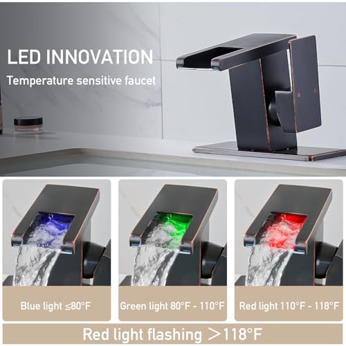 AVSIILE LED Bathroom Sink Faucet, Oil Rubbed Bronze Waterfall Single Hole Handle Vanity Faucets for Sinks 1 Hole with Metal Pop Up Drain and 2 Water Supply Lines, Side Handle - color: Oil Rubbed Bronze