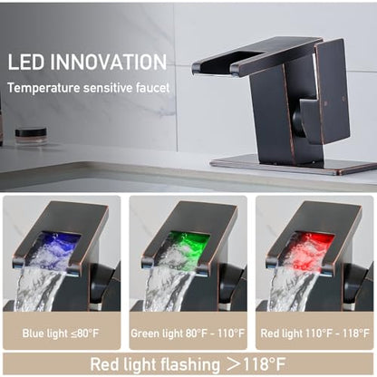 AVSIILE LED Bathroom Sink Faucet, Oil Rubbed Bronze Waterfall Single Hole Handle Vanity Faucets for Sinks 1 Hole with Metal Pop Up Drain and 2 Water Supply Lines, Side Handle - color: Oil Rubbed Bronze