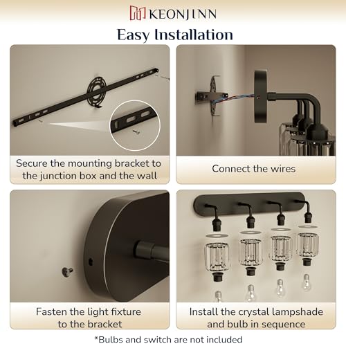 Keonjinn 4-Light Bathroom Light Fixtures, Crystal Black Bathroom Vanity Lights Over Mirror, Vanity Lighting Fixtures with Crystal Square Shades (E26 Socket, Exclude Bulb) - color: Black, size: 4-Light