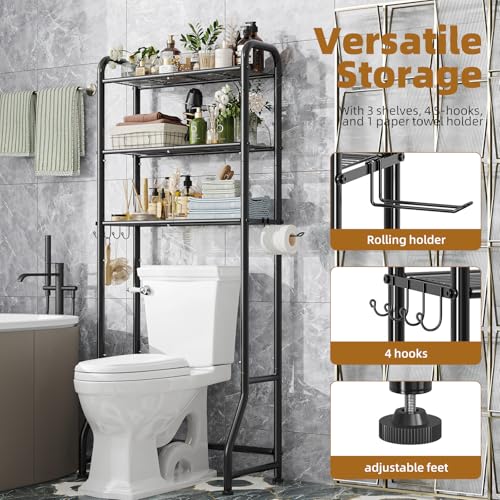Simple Trending Over The Toilet Storage Rack, Metal 3 Tier Bathroom Organizer Shelf with Paper Holder and 3 Hooks, Freestanding Shelf Space Saver Above Toilet,Black - color: 3-tier Black