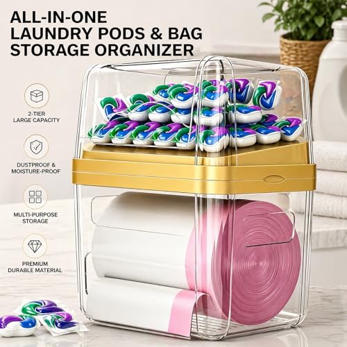 2-in-1 Trash Bag Dispenser & Laundry/Dishwasher Pods Container, Clear Acrylic Garbage Bag Holder with Removable Lids, Under Sink Organizer Kitchen Pantry Storage Box - size: 3IN1 Yellow Holder