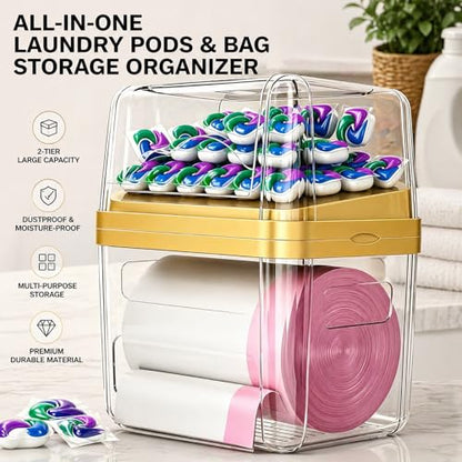 2-in-1 Trash Bag Dispenser & Laundry/Dishwasher Pods Container, Clear Acrylic Garbage Bag Holder with Removable Lids, Under Sink Organizer Kitchen Pantry Storage Box - size: 3IN1 Yellow Holder