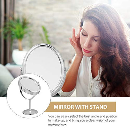 Desktop Swivel Bathroom Mirror Magnifying Cosmetic Mirror Vanity Mirror with Stand Desk Mirror Rotatable Double- Sided Round Swivel Mirror Mirror Metal Frame Mirror (Silver)