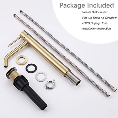 Brushed Gold Vessel Sink Faucet with Pop Up Drain and Supply Lines, Stainless Steel Gold Vanity Faucet Single Hole, JXMMP Single Handle Bathroom Faucet Gold, JXM1001BG - color: Brushed Gold, size: Tall Faucet