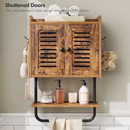 HOOBRO Bathroom Wall Cabinet, Double Doors Medicine Cabinet with Towel Bar, Adjustable Shelf, 2 Hooks, Over The Toilet Storage Cabinet, for Bedroom, Kitchen, Rustic Brown BF46CW01 - color: Rustic Brown + Black