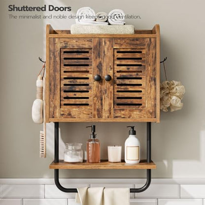HOOBRO Bathroom Wall Cabinet, Double Doors Medicine Cabinet with Towel Bar, Adjustable Shelf, 2 Hooks, Over The Toilet Storage Cabinet, for Bedroom, Kitchen, Rustic Brown BF46CW01 - color: Rustic Brown + Black