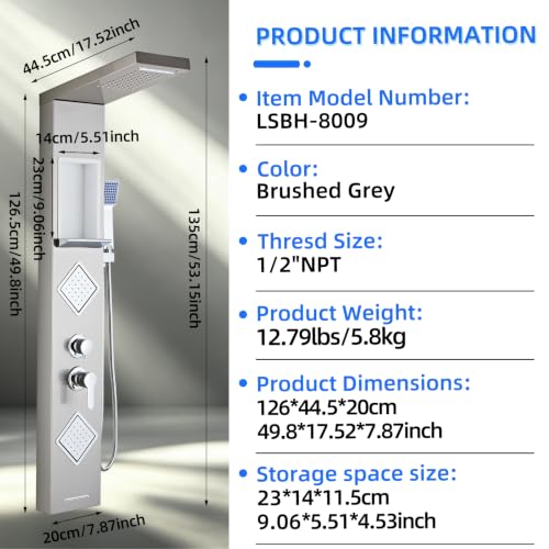 Shower Panel Tower System with Storage- Brushed Gray | 304 Stainless Steel 5-Function Shower Panel Faucet Set with Powerful Body Jets, Rainfall, Waterfall,Handheld and Tub Spout - color: Brushed Gray