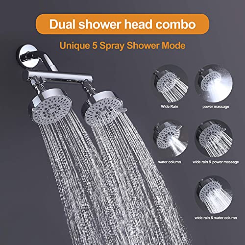 AZOS Double Shower Head with Shut-Off Valve, Bathathroom High Pressure Dual Fixed Rain Shower Head Combo with Brass Dual Outlet Manifold, Adjustable 5 Function Showerhead Chrome - color: Chrome