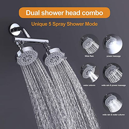 AZOS Double Shower Head with Shut-Off Valve, Bathathroom High Pressure Dual Fixed Rain Shower Head Combo with Brass Dual Outlet Manifold, Adjustable 5 Function Showerhead Chrome - color: Chrome