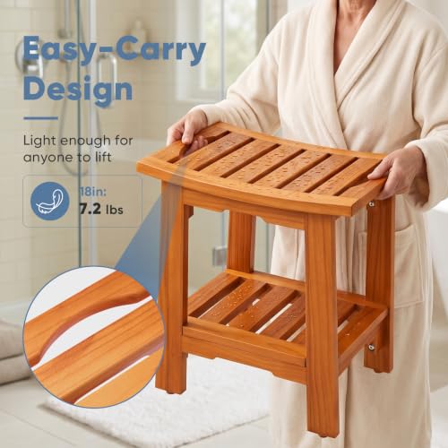 DUMOS Wooden Shower Bench, 18" Waterproof Shower Stool for Inside Showers | Non-Slip Bathroom Bench with Shelf & Handles for Senior Adult, Disabled Elderly, 300 LBS Capacity, Brown - size: 14"W