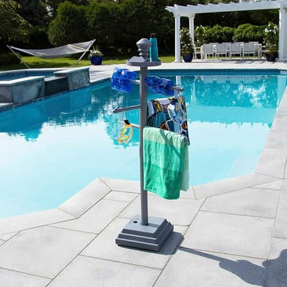 SWIMLINE HYDROTOOLS 89033 Premium Free Standing Poolside Valet Towel Rack Adjustable With Water Weighted Base Three Arms Secure Clips For Outdoors & Indoors Pool Patio Poolside Holder Drying Stand - color: Premium Rack (Gray)