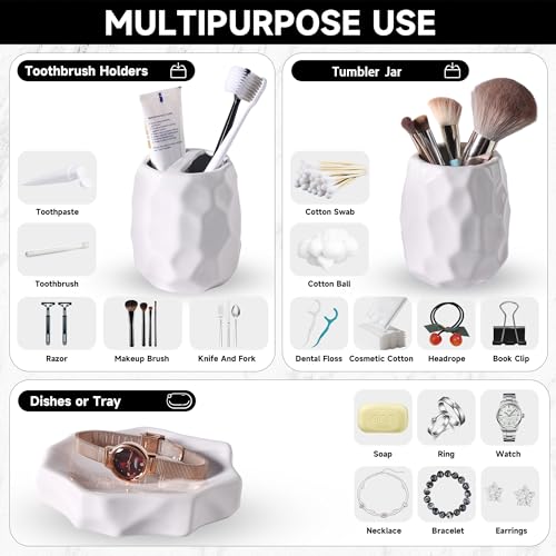 Ceramic Bathroom Accessories Set 4 PCS,Include 16 oz Soap Dispenser,Toothbrush Holder,Tumbler,Soap Dish,Textured Bathroom Counter Set (White) - color: White Ceramic 4 Pcs