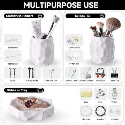 Ceramic Bathroom Accessories Set 4 PCS,Include 16 oz Soap Dispenser,Toothbrush Holder,Tumbler,Soap Dish,Textured Bathroom Counter Set (White) - color: White Ceramic 4 Pcs