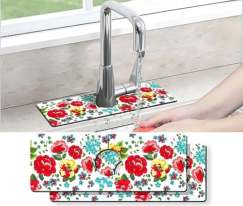 Kitchen Sink Splash Guard Faucet Mat -2 PC Super Absorbent Fast Drying Mat Sink Gadgets-Splash Guard Behind Faucet Drip Catcher for Kitchen, Bathroom,Sink Mat, Dish Drying Mat, Bathroom(15" X 5.5" ) - color: Beautiful Flower, size: 15" x 5.5" (2 Pack)
