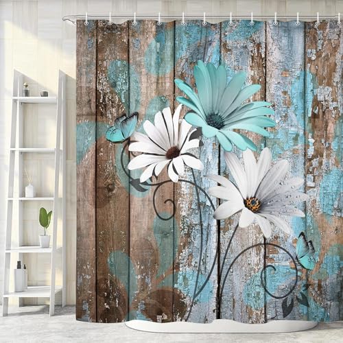 JAWO Farmhouse Flower Floral Shower Curtain, Rustic Teal Turquoise Daisy Shower Curtain Set, Country Blue Wild Garden Plant Fabric Shower Curtain with Hooks, Surreal Bathroom Curtain, 69x70inch - color: Daisy-teal, size: 69"W x 70"L (Pack of 1)