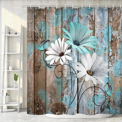 JAWO Farmhouse Flower Floral Shower Curtain, Rustic Teal Turquoise Daisy Shower Curtain Set, Country Blue Wild Garden Plant Fabric Shower Curtain with Hooks, Surreal Bathroom Curtain, 60x70inch - color: Daisy-teal, size: 60"W x 70"L (Pack of 1)