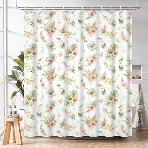 Tropical Floral Shower Curtain 71x74 Inch, Watercolor Botanical Leaf and Hibiscus Flower Pattern Bathroom Curtain and Hooks Set, Boho Farmhouse Style Waterproof Fabric Bath Curtain - color: Floral-m
