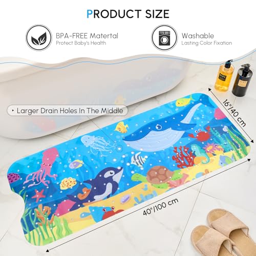 Baby Bath Mat Non Slip, Cartoon Kids Bath Mat for Tub 40 x 16 Inches, Non Slip Bathtub Mat with Suction Cups and Drain Holes Shower Stall Mats, Machine Washable, Dolphin - color: Whale - Dolphin, size: 40" x 16" (Rectangular)