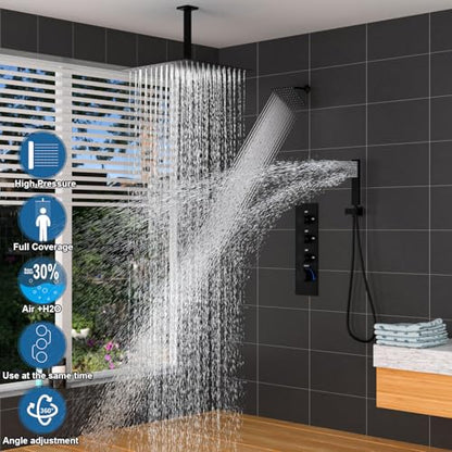 Enga Thermostatic Dual Shower Heads System, 16" + 6" Dual Rain Shower System (Can All Run Together & Volume Adjustable) Dual Shower Head Combo Set, Matte Black - color: Matte Black, style: ‎16"+6" Head